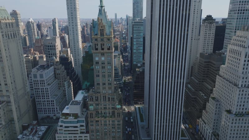 Aerial view of various high rise downtown buildings. Historic tall hotels contracting with modern office skyscrapers. Manhattan, New York City, USA