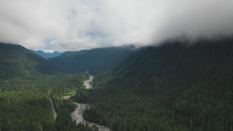 Aerial view of a creek among the mountains, Unalaska, Alaska, United States.