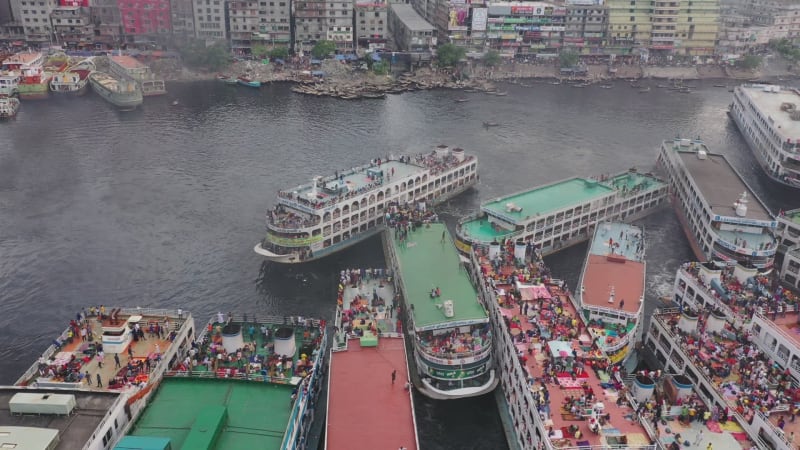 Aerial view of ships along Buriganga river in Dhaka, bangladesh.