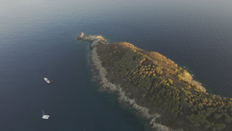 Aerial view of Fetovaia Bay at sunset, Seccheto, Elba Island, Tuscany, Italy.