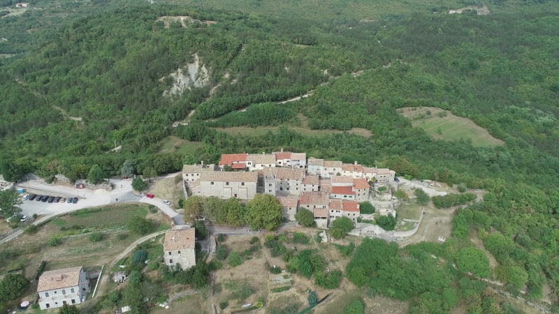 Aerial view of Hum, a small town on hilltop, Croatia.