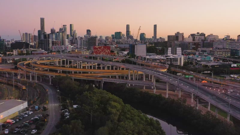 Aerial view of a highway interchange, Brisbane City, Queensland, Australia.