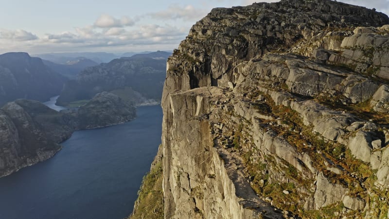 Rotating towards impressive sharp cliff edges at Preikestolen, Norway.