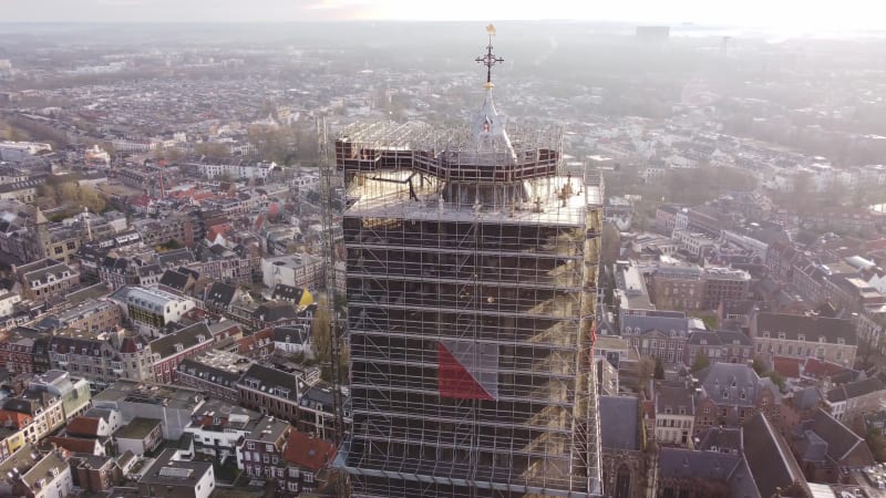 Rotating Aerial Close Up of Utrecht's Dom Tower