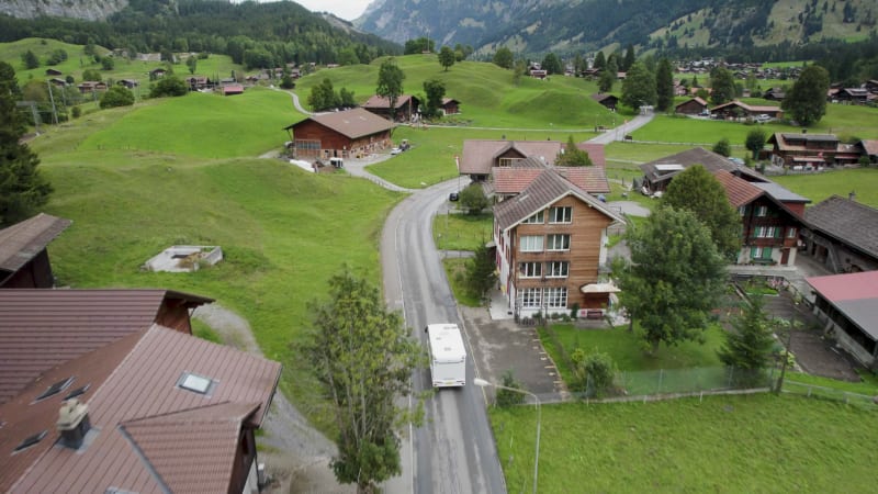 Aerial View of a Camper Van in de Swiss alps