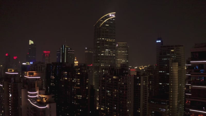 Aerial view of Shanghai skyline at night, China.