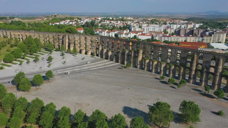 Aerial view of Amoreira Aqueduct in the city of Elvas.