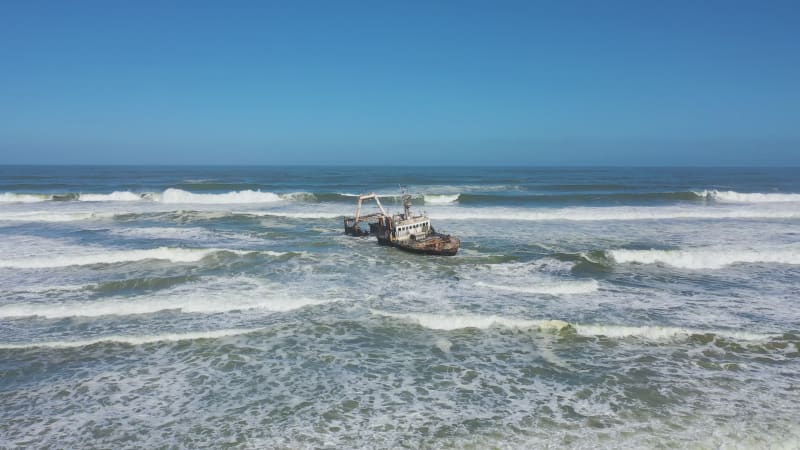 Aerial view of a shipwreck along the shore, Swakopmund, Namibia.