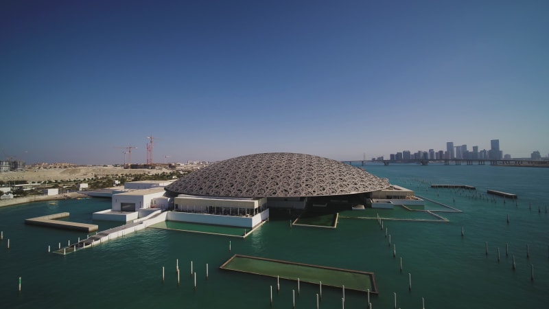 Aerial view of the Louvre, an art museum in Abu Dhabi.