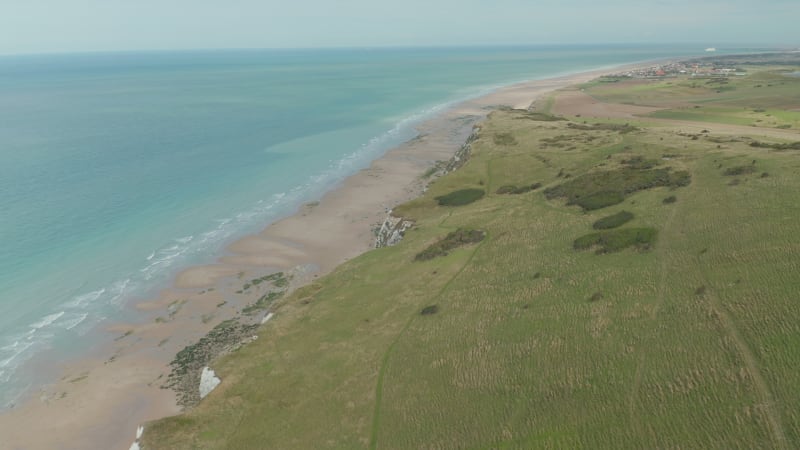 Wide Establishing Shot of beautiful Cliff Shoreline in France, Cap Blanc-Nez, Aerial forward