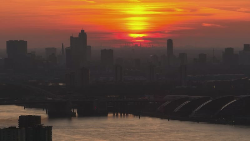 Rotterdam Skyline during Sunset Aerial View