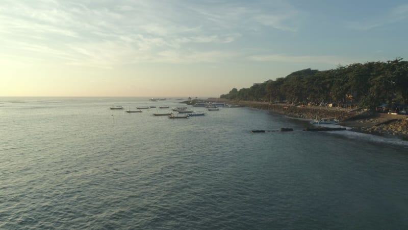 Aerial view at group of traditional boats anchored, Bali island.