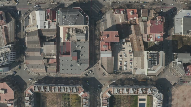 Barcelona Overhead Drone Shot of Typical City Blocks in Beautiful Sunlight with Urban Traffic