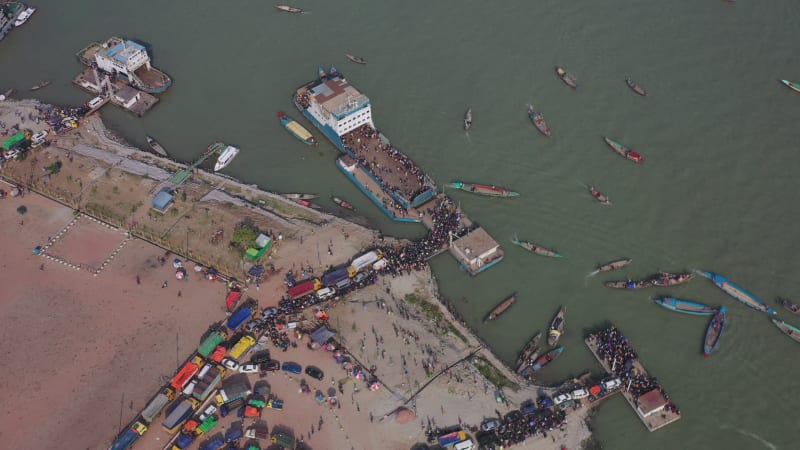 Aerial view of people waiting for ferry, Dhaka, Bangladesh,.