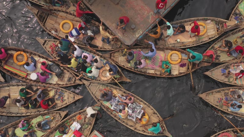 Aerial view of people on traditional boats at Old Dhaka, Bangladesh.