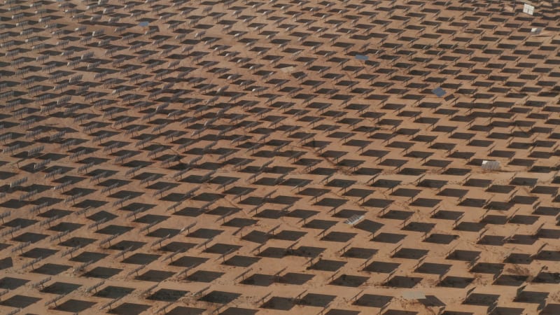 Aerial view of a Solar power tower and mirrors.