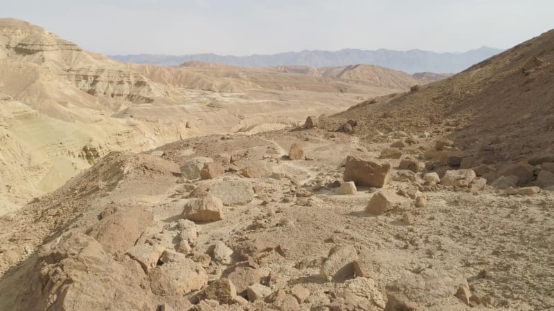 Panoramic aerial view of desert and mountain landscape, Negev, Israel.