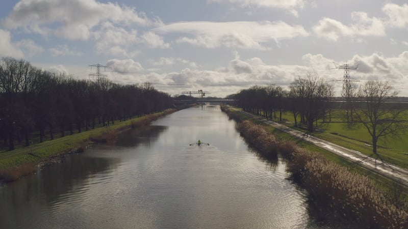 Canoe winter training on canal in Almelo, Netherlands