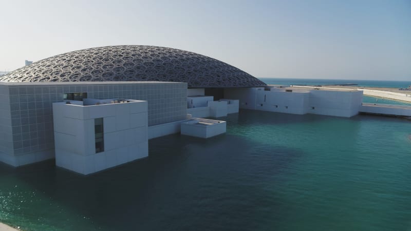 Aerial view of Louvre museum in Abu Dhabi, United Arab Emirates.