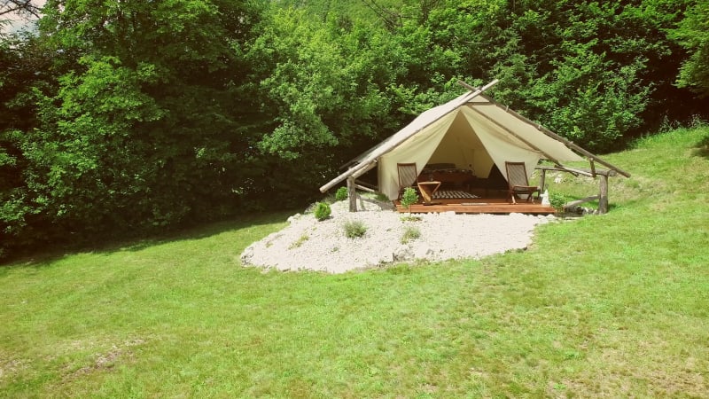 Tracking shot of a glamping tent in an eco camping.