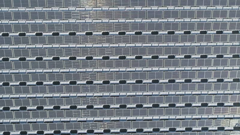 Aerial view of solar panels in Orvim Eliyon Reservoir, Golan Heights, Israel.