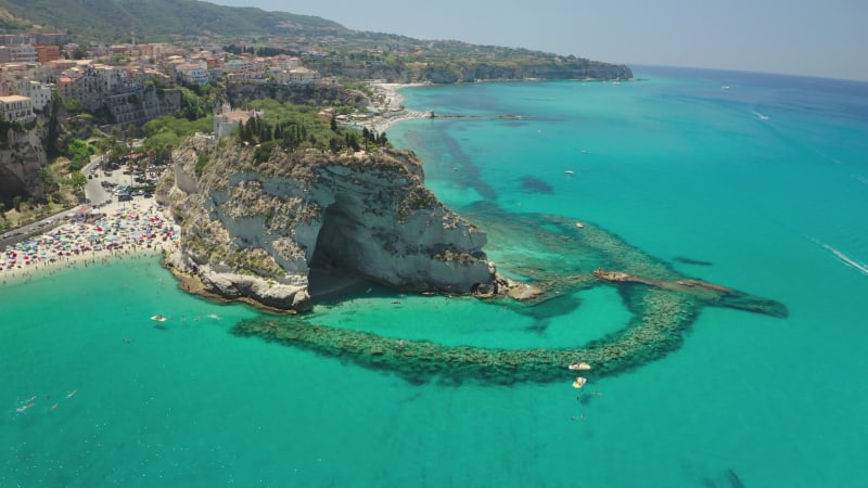 Spectacular aerial view of Tropea beach full of people