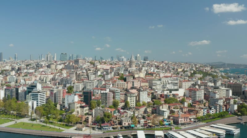 Beyoglu, Istanbul Establishing Shot with beautiful clear blue Sky and Galata Tower on Bosphorus Waterside, Slow Aerial slide right