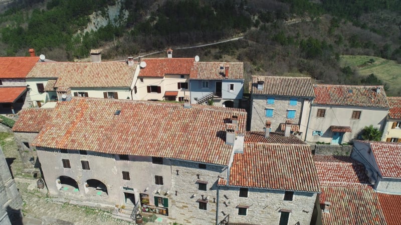 Aerial view of traditional house in the city of Hum, Istria.