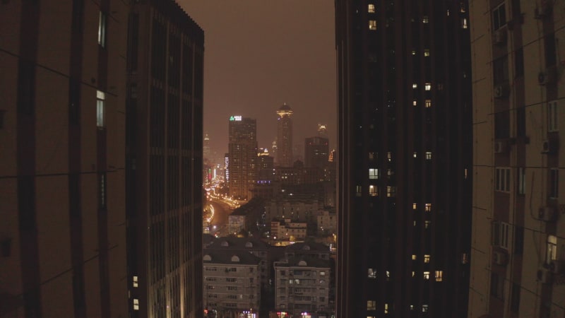 Aerial view of Shanghai downtown at night, China.