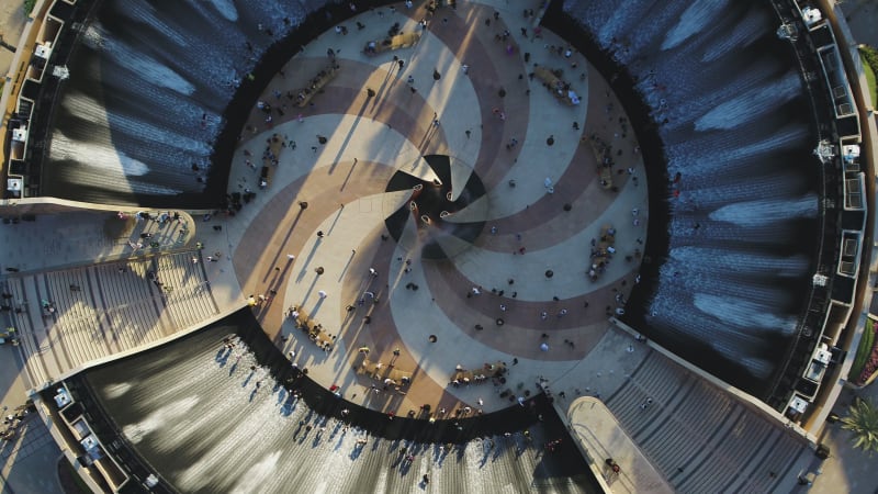 Aerial view of Water Fountain at Jubilee Park, Dubai, UAE.