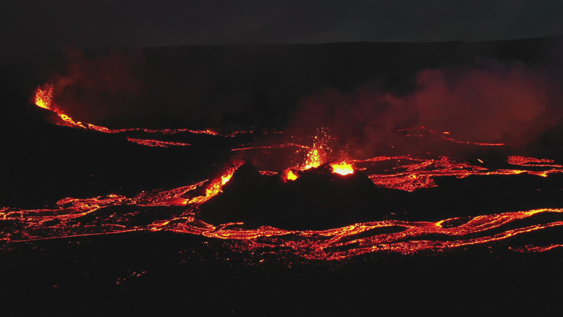 Aerial view of Fagradallsfjall volcano during an eruption, Iceland.