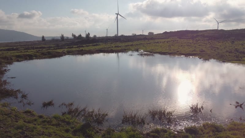 Aerial view of a lake on the hill with wind turbine, Golan Heights, Israel.