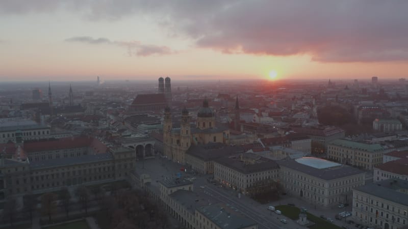 Wide Establishing Shot above Empty Munich, Germany Due to Coronavirus Covid 19 Pandemic Lockdown, No People and No Traffic on German Streets, Aerial View at Sunset