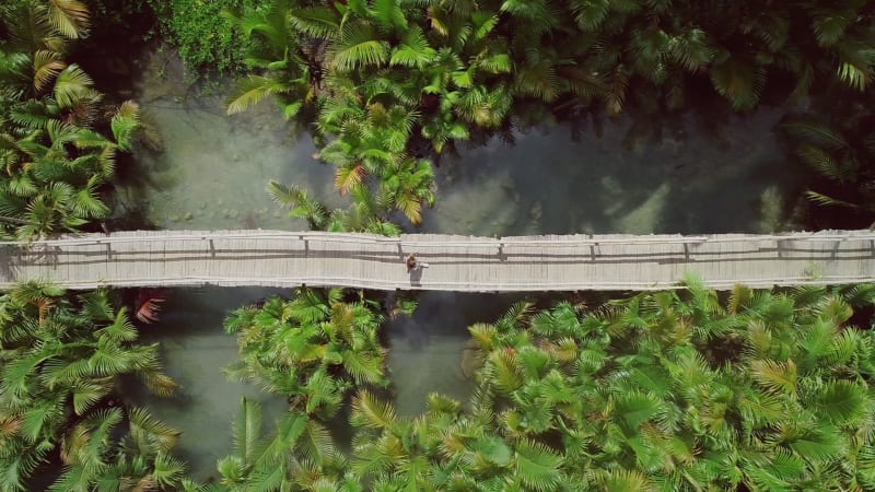 Aerial view of woman walking on long wooden bridge in Bojo river.