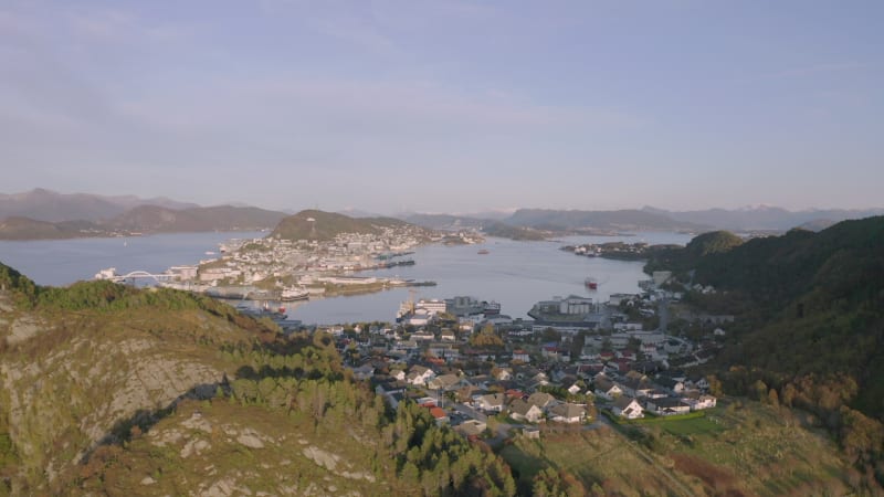 Alesund City on the West Coast of Norway at Sunset Aerial View