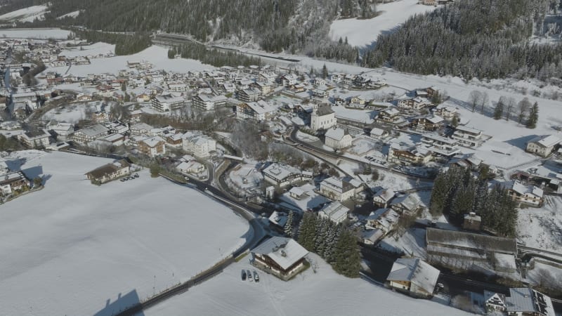 Winter Aerial View of Flachau Village with the Mariä Empfängnis Church in the middle.