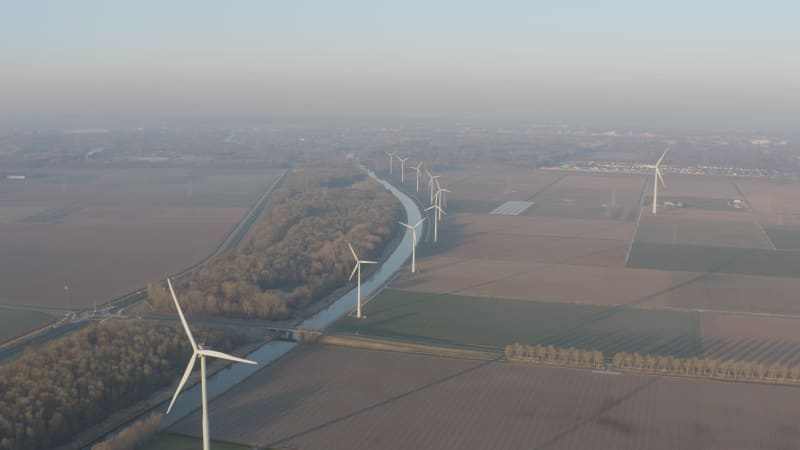 An aerial view of a windturbine park in the Netherlands