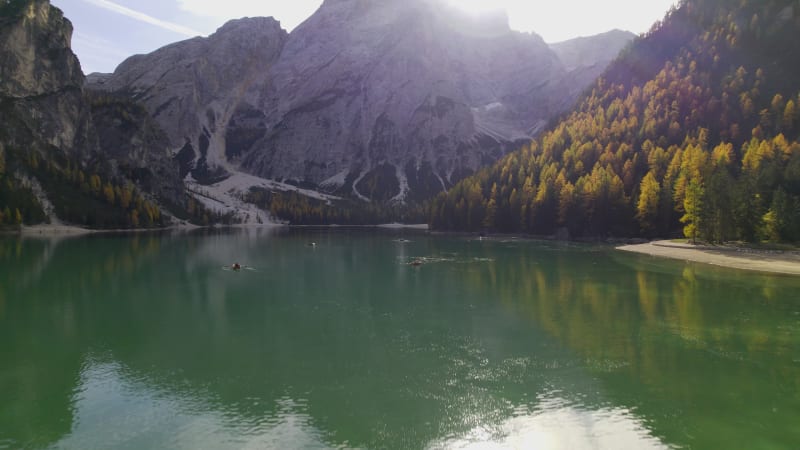 Aerial View of Emerald lake and boathouse in Lake Braies, Dolomites, Italy.