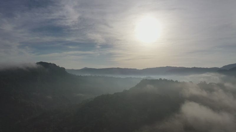 Aerial view of mountain landscape with clouds, Chittagong, Bangladesh.