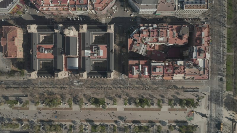 Barcelona Overhead Drone Shot of Typical City Blocks in Beautiful Sunlight with Urban Traffic