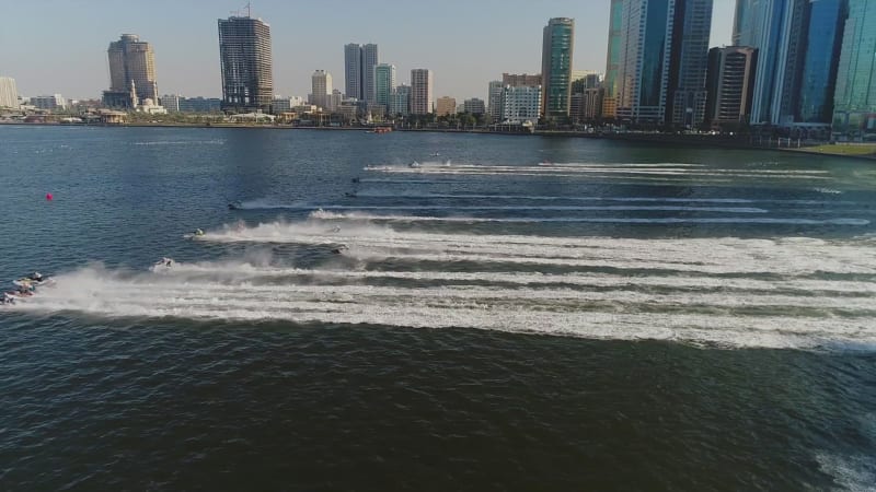 Aerial view of jet ski starting the race in Khalid lake.