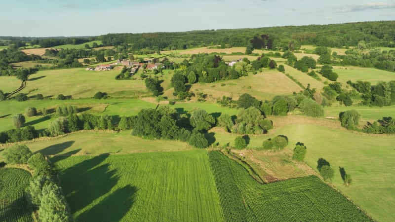 Aerial view of valley with river Geul and hamlet Bommerig, Geuldal, Zuid Limburg