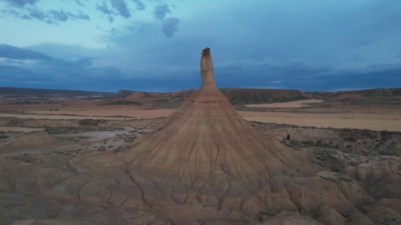 Aerial view of a rocky outcrop in Bardenas desert region, Spain.