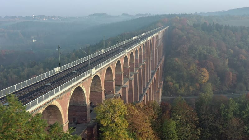 Goltzsch Brick Viaduct in Germany on a Foggy Autumnal Morning Aerial View