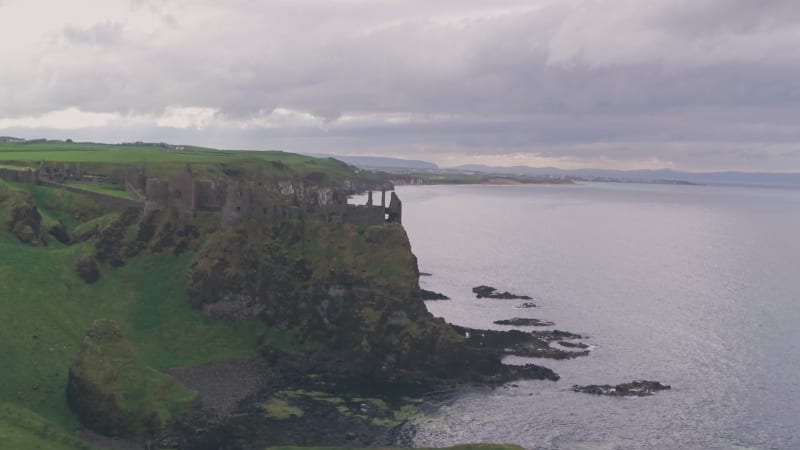 Dunluce Castle, County Antrim Coast, Northern Ireland. Aerial drone view