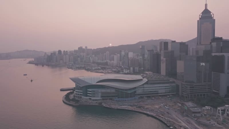 Hong Kong downtown skyscrapers and buildings cityscape at night. Aerial drone view