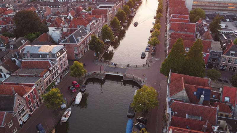 A water canal in a residential area of Leiden, South Holland, Netherlands.