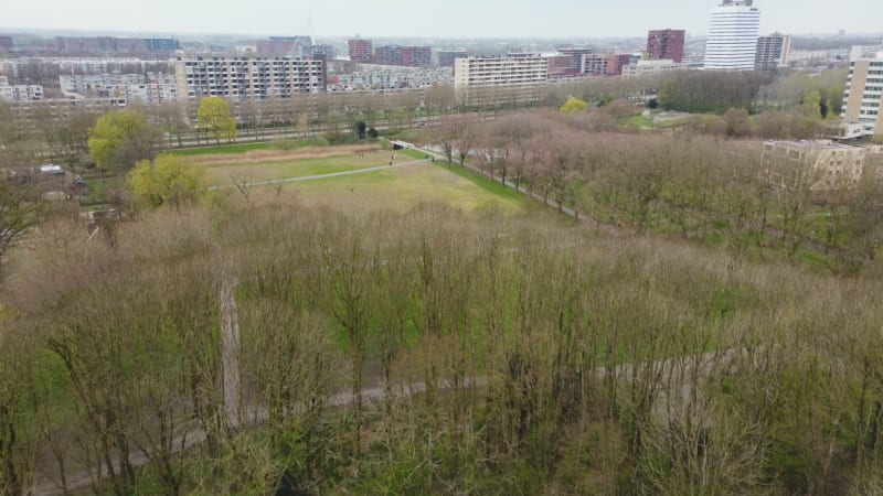 Ascending downward tilt drone shot to reveal Park Transwijk, in Utrecht, Netherlands