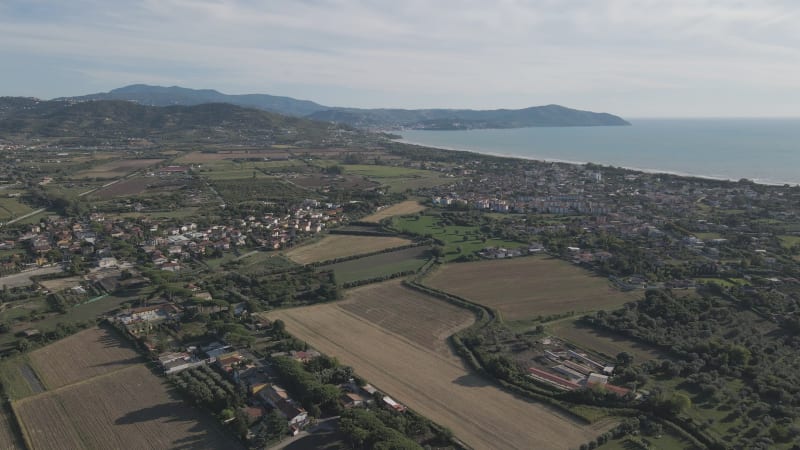 Aerial view of the coastline in Paestum, Salerno, Campania, Italy.