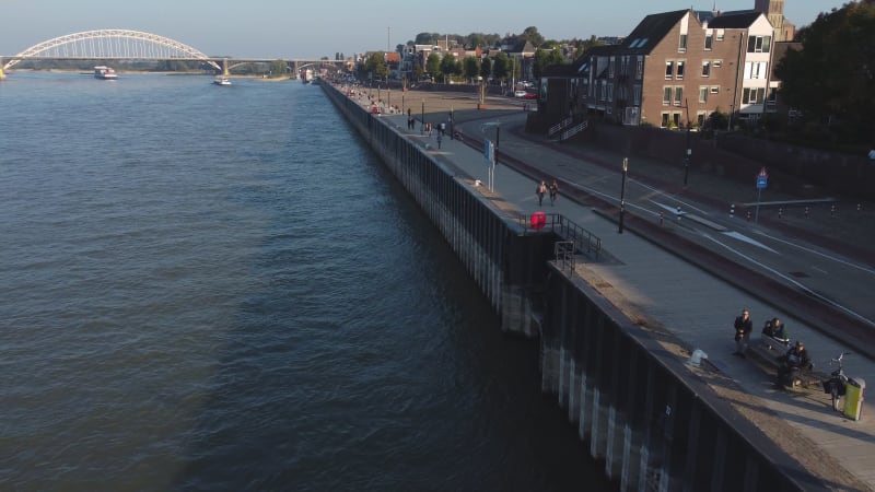 Boardwalk of the Maas River and the Waal Bridge in Nijmegen, Gelderland Province, Netherlands.